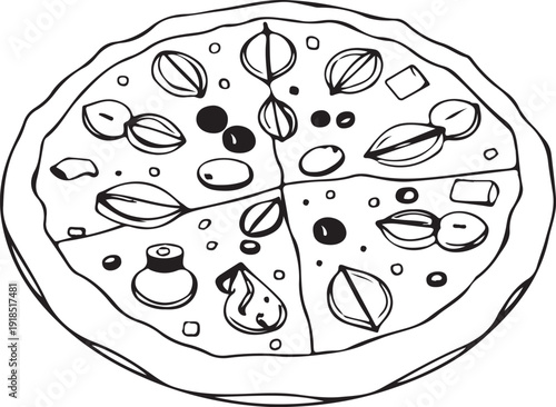 Round Pizza Sliced into Slices Hand-drawn Sketch Drawing Vector Illustration, Line Linear Symbol Black and White Engraving, Isolated