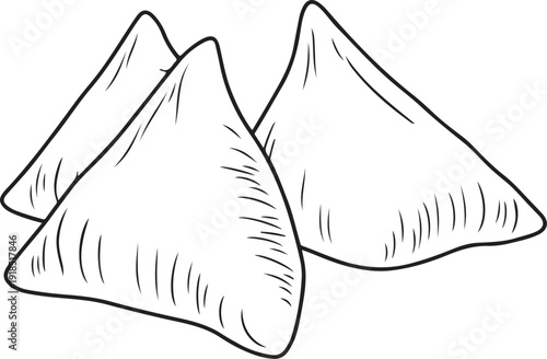 Samosas Hand-drawn Sketch Drawing Vector Illustration, Line Linear Symbol Black and White Engraving, Isolated