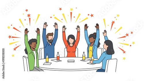 Diverse Group Celebrating Success with Hands Raised Illustration