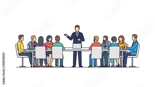Boardroom Presentation: Manager Addressing Business Team During Corporate Meeting. Outline Vector Illustration on White.