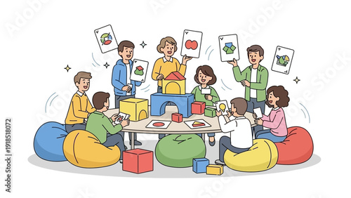 Creative Workshop Illustration. Team Building Session with Adults Using Building Blocks and Game Cards for Brainstorming and Serious Games Activity.