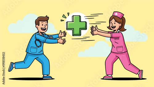 Dedicated Medical Team (Doctor and Nurse) Rushing Towards Green Plus Cross Symbol. Healthcare Emergency and Fast Response Concept.