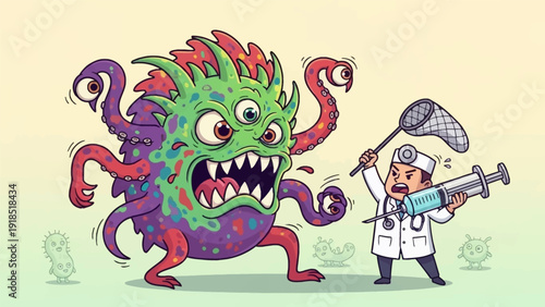 Pediatric Doctor Battles a Furious Germ Monster with a Huge Syringe and Net: Vaccination, Immunology, and Disease Prevention Concept Cartoon.