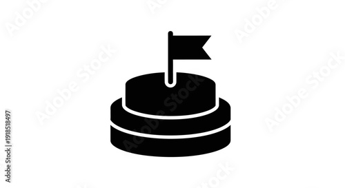 Abstract icon depicting a tiered podium with a waving flag, symbolizing an achieved goal, success, and the ultimate destination in a journey or competition, representing triumph and aspiration