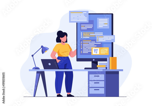 Female developer working on software code at a modern desk with a large monitor, creating digital solutions in a home office setting.