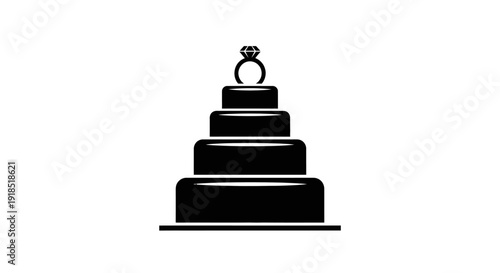 Minimalist black silhouette icon of a multi-layered wedding cake, featuring a sparkling engagement ring as the topper, representing love and special occasions