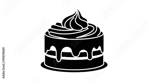 Simple black and white silhouette illustration of a delicious layered cake with frosting and drizzles, perfect for baking or dessert themes
