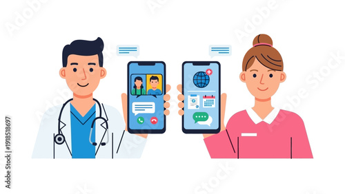 Doctor and Healthcare Worker Use Smartphones for Telehealth Video Call and Appointment Booking
