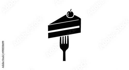 A slice of delicious cake with a cherry on top, impaled on a fork, ready to be enjoyed, presented in a clean silhouette