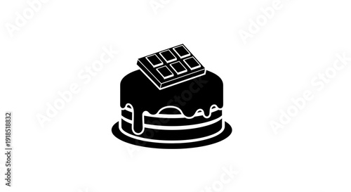 A stylized black and white illustration of a decadent chocolate cake with a chocolate bar on top, perfect for food-related designs