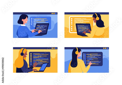 Diverse women collaborating on digital projects, actively engaged in programming and web development within a modern technology interface environment