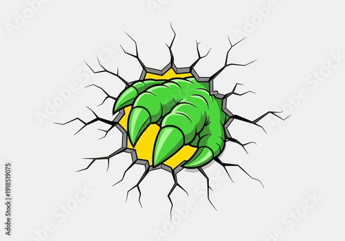 Dynamic green monster hand with sharp claws aggressively bursting through a cracked wall, creating an impactful graphic illustration effect.