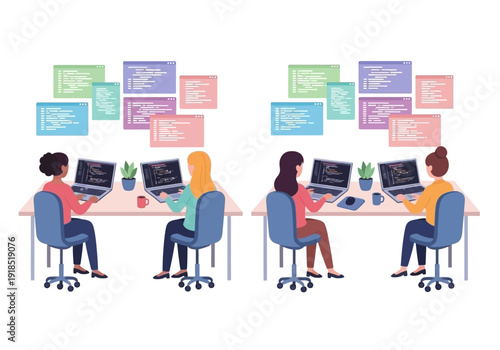 Diverse women software developers actively coding on laptops in a modern collaborative workspace with multiple code windows displayed, showcasing technology and teamwork.
