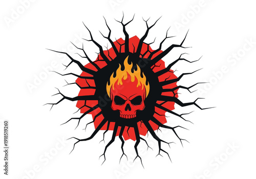 Flaming skull illustration bursting through a cracked red portal, creating an intense graphic effect with dynamic fiery energy.