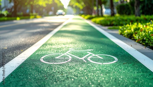 Eco-Friendly Lane: A dedicated bicycle lane, painted vibrant green, winds invitingly through a sun-dappled urban scene. It's a visual ode to sustainable transportation and urban harmony.