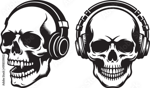 Two detailed vector illustrations of human skulls wearing headphones, depicted in a vintage monochrome style with strong contrasts and intricate bone structure, isolated on a white background.