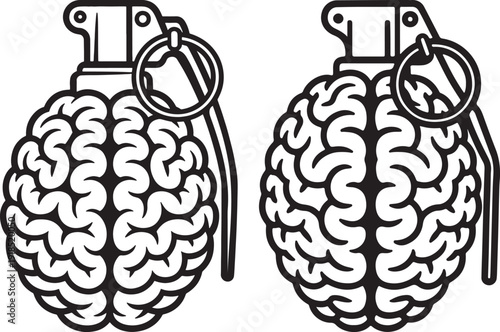 Two brain-shaped hand grenades in a black and white vector illustration, symbolizing explosive ideas or mental power. The design features a detailed brain texture combined with the classic