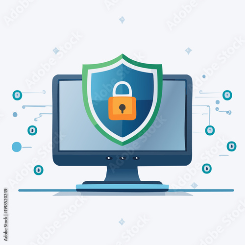 Computer screen with security shield and lock.