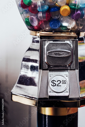 Retro Gumball Vending Machine with Colorful Capsules and $2 Price Sign