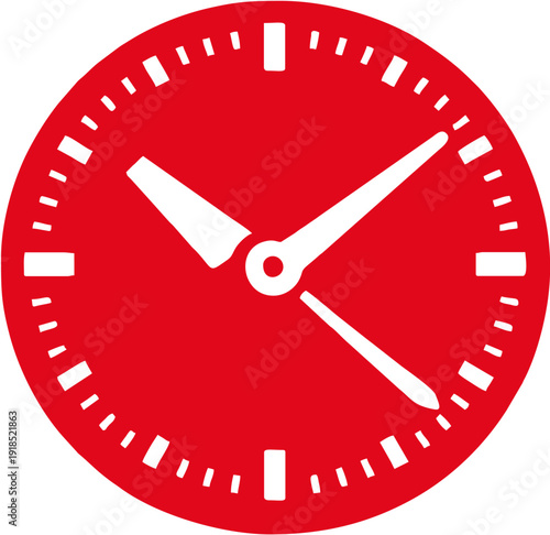 Red clock face illustration with white hands and numbers viewed from front