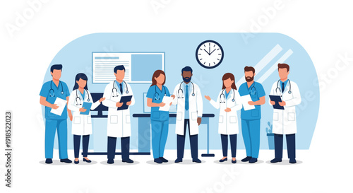 Healthcare Teamwork: Diverse group of doctors and nurses staff standing in a modern clinic office meeting room, medical professionals consulting together.