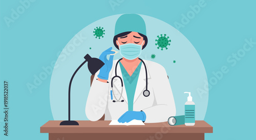 Tired Doctor or Nurse Taking Medicine. Healthcare Worker Stress, Burnout, and Fatigue on the Coronavirus COVID-19 Frontline.