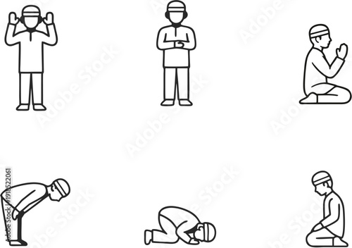Illustration of various prayer positions depicting spiritual devotion and reverence in a serene environment from different viewpoints