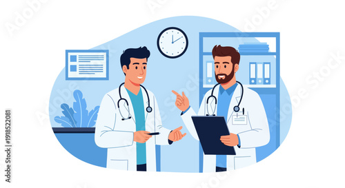 Professional Medical Teamwork: Two Male Doctors Discussing Patient Records and Consulting in a Hospital Office. Flat Vector Illustration.