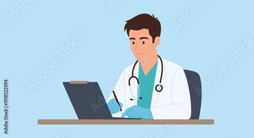 Male Doctor Writing Medical Records on Clipboard. Healthcare Professional at Desk, Flat Illustration and Modern Vector.