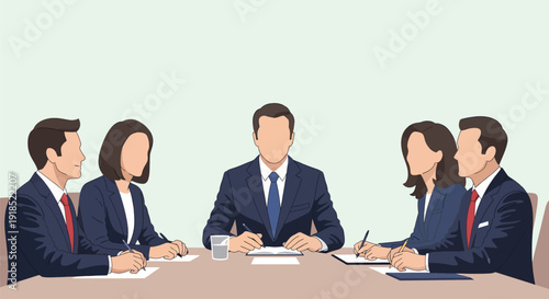 Corporate Business Meeting Illustration. Five Faceless Executives in Suits Taking Notes at a Table. Professional Team Discussion Vector Art.
