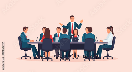 Professional Business Meeting Presentation. CEO Leading Team Discussion Around Conference Table. Corporate Strategy Vector Illustration.