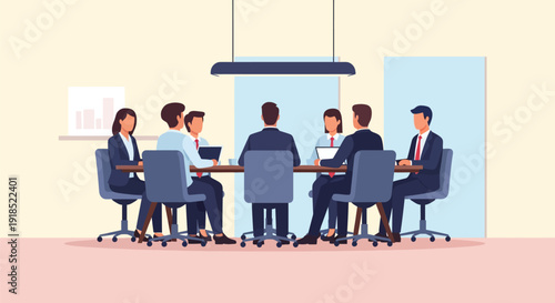 Corporate Business Meeting: Professional Team Collaboration in Conference Room Vector Illustration