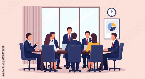 Corporate Business Meeting Illustration: Team of Executives Collaborating in Modern Conference Room for Strategy, Teamwork, and Presentation Discussion