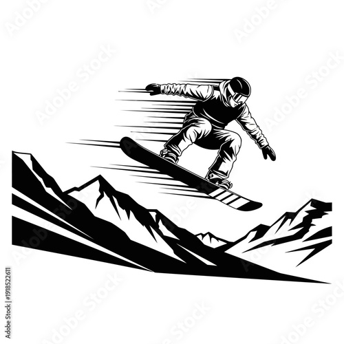 Black and White Snowboard Slopestyle Vector Silhouette – Winter Extreme Sports Illustration