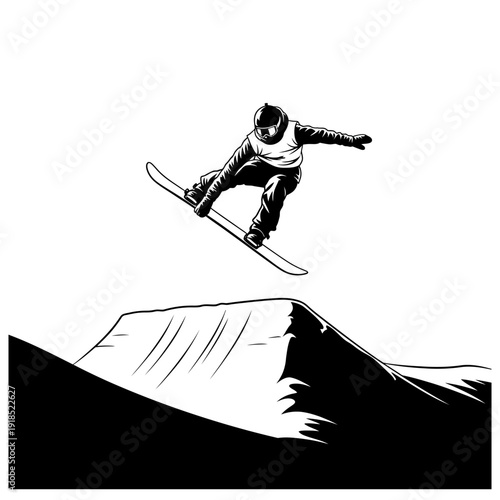 Black and White Snowboard Slopestyle Vector Silhouette – Winter Extreme Sports Illustration