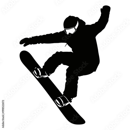 Black and White Snowboard Slopestyle Vector Silhouette – Winter Extreme Sports Illustration