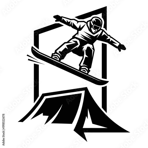 Black and White Snowboard Slopestyle Vector Silhouette – Winter Extreme Sports Illustration