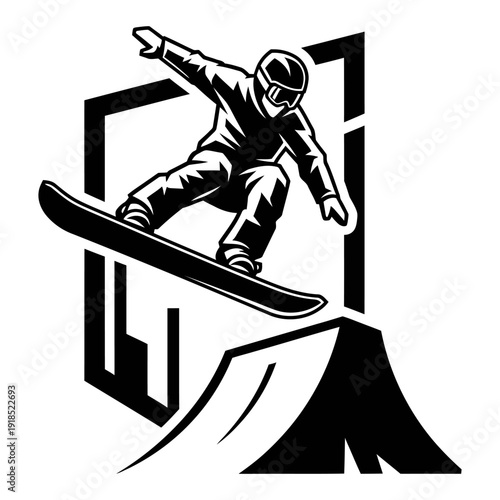 Black and White Snowboard Slopestyle Vector Silhouette – Winter Extreme Sports Illustration