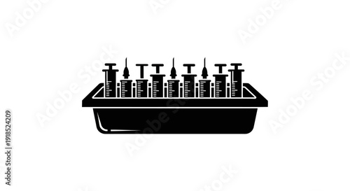Container filled with an organized row of syringes, depicted as a pure silhouette, illustrating healthcare, vaccination, and pharmaceutical delivery concepts