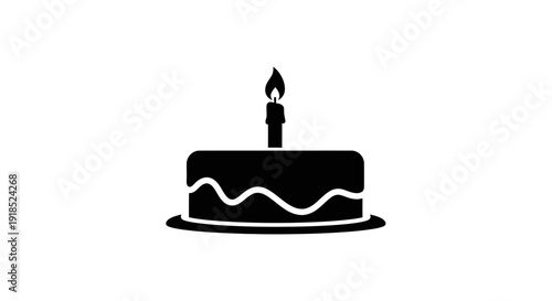 Minimalist black silhouette icon of a classic birthday cake adorned with a single lit candle, ideal for celebrating special moments, anniversaries, or party invitations and digital designs