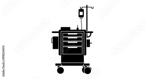 A simple black silhouette of a medical crash cart with drawers and an IV pole against a white background, representing emergency healthcare equipment