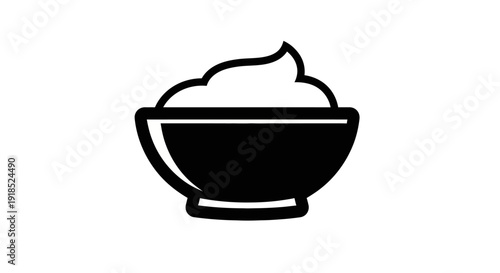 A simple black and white silhouette icon of a bowl filled with creamy, soft whipped topping or ice cream, perfect for food-related designs