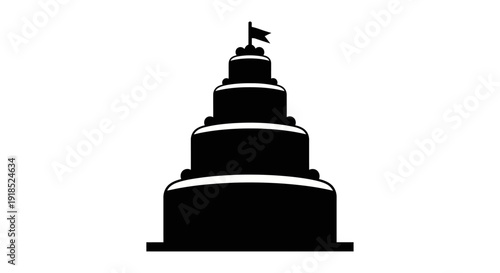 A striking black and white silhouette of a tiered cake topped with a small flag, presented against a clean white background