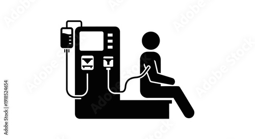 Single Solid Silhouette Icon Depicting Patient Undergoing Dialysis Treatment, Illustrating Kidney Disease Therapy and Blood Purification Procedure