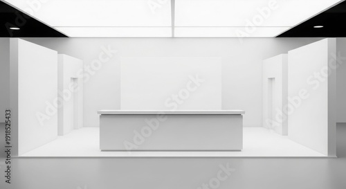 Wallpaper Mural Empty minimalist white exhibition booth with a central counter and blank display panels, ready for customization at a trade show. Torontodigital.ca