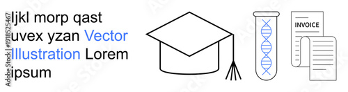 Education, scientific research, academic studies, invoicing, documentation, biotechnology. Graduation cap, DNA test tube and invoice papers . Education and scientific research concept