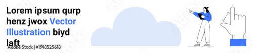 Female figure gestures toward a cloud-shaped graphic with abstract text and a hand-clicking icon. Ideal for communication, education, technology, cloud services, creativity, guidance, simple landing