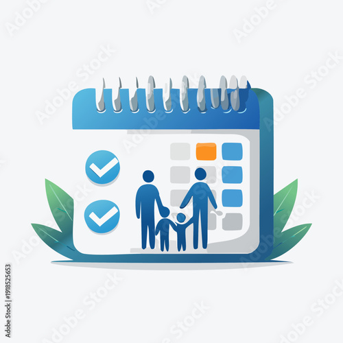 Family calendar with check marks and people, planning appointments.