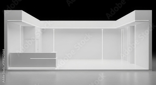 Wallpaper Mural Modern minimalist white exhibition booth with a counter on a reflective floor against a black background. Torontodigital.ca