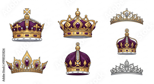 Royal crowns set with purple and gold jewels on white background for luxury and monarchy concepts